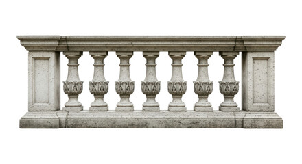 Classic stone balustrade with ornate columns on transparent background