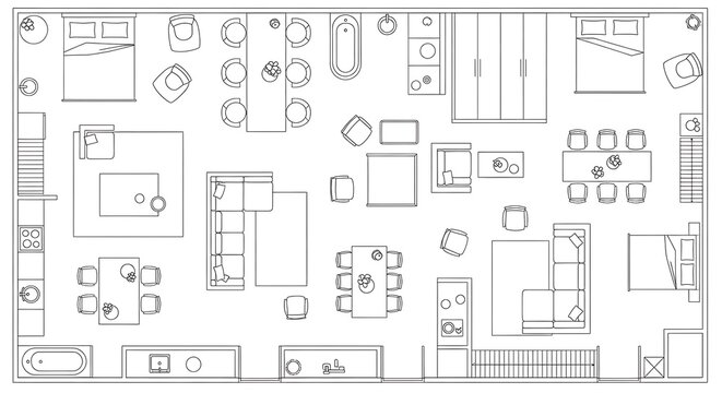 Architectural blueprint of a house floor plan with furniture layout and room divisions