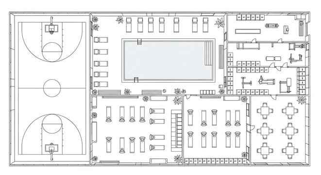 Floor plan of a recreational facility with swimming pool and basketball court