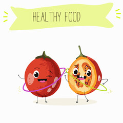 tamarillo or Solanum betaceum funny characters, hand drawn vector illustration.