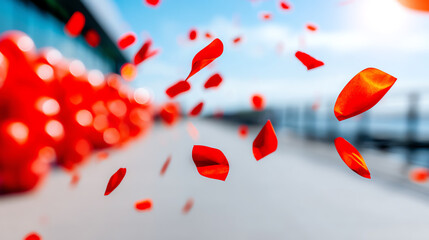 Colorful rose petals falling gracefully on a sunny day, creating a romantic atmosphere with vibrant red accents.