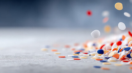 Colorful sprinkles spilled across a light surface, adding a playful touch to desserts and treats, ideal for party themes and celebrations.