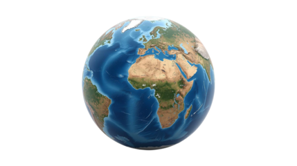 Blue/Green Earth Globe on Transparent Background offers realism for presentations, banners, and infographics. Use as a PNG asset.