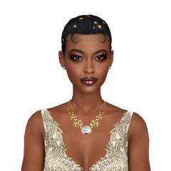 A beautiful young African woman, a showgirl with posh retro style wearing a party dress and confident look, isolated portrait