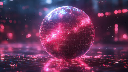 Futuristic digital globe with neon lights and reflective surface, symbolizing connectivity and innovation in the tech world.