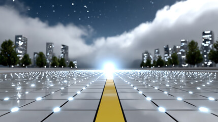 Futuristic cityscape with glowing pathways, illuminated buildings under a starry sky, symbolizing innovation and progress.