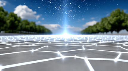 Futuristic landscape with glowing pathways and vibrant skies, showcasing innovation and progress in a digital world.