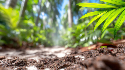 Lush green foliage and soft soil create a serene path through a vibrant forest, inviting exploration and appreciation of nature.