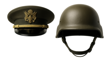 Military hat and army helmet on white background.