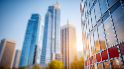 Modern skyscrapers reflect sunlight, showcasing a blend of urban design and architectural innovation against a clear blue sky.