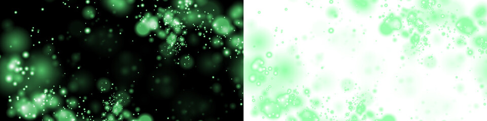 Green bokeh overlay with soft glowing lights on dark and light backgrounds, creating a dreamy atmosphere for design projects and enhancing visual storytelling elements