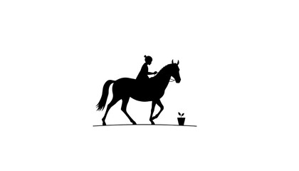 Graceful black silhouette of a person riding a horse, with a delicate potted plant companion, depicting a serene equestrian journey and connection to nature