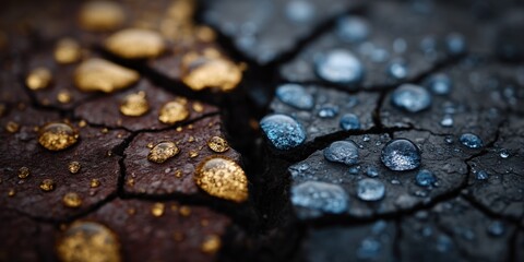 Raindrops on cracked colorful surface reflecting light in abstract close-up