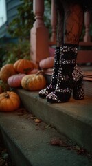 A close-up shot of bejeweled boots on a porch steps with pumpkins in the foreground.  Autumnal setting