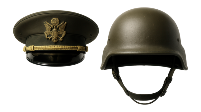 Military hat and army helmet on white background.