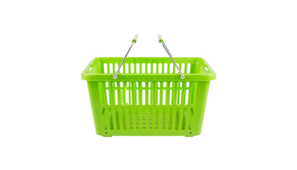 A vibrant lime green plastic shopping basket with sturdy handles, perfect for carrying groceries or everyday items