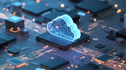 Cloud Computing Abstract: An illuminated cloud symbol, symbolizing cloud computing, rests atop a central processing unit (CPU) within a complex circuit board.