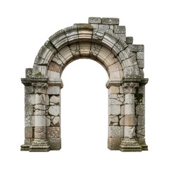 Ancient stone archway with detailed carvings and weathered texture on transparent background