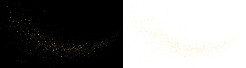 Gold glitter particles overlay on black and white backgrounds, creating a stunning visual effect for design projects, invitations, and festive celebrations with copy space