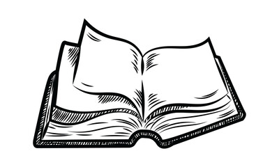 Stack of Books and Open Book PNG – Hand-Drawn Vintage Illustration, Black and White Line Art, Education, Reading, Knowledge, Learning Concept, Transparent Background