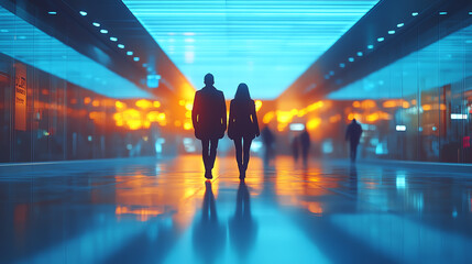 Silhouettes of two figures walking in a modern, illuminated space, highlighting urban life and connectivity amidst vibrant colors.
