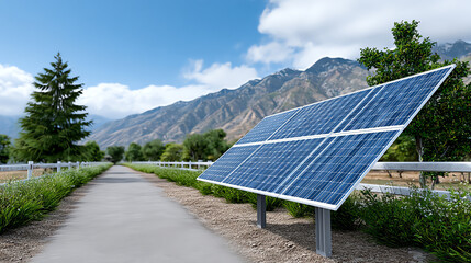 Solar panels convert sunlight into energy, offering a sustainable power solution in a scenic landscape with mountains.