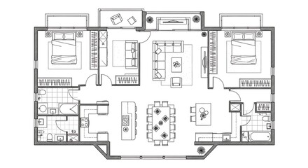 Floor plan of a modern apartment with three bedrooms and open living area