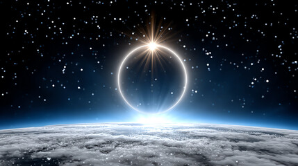 Stunning celestial view of Earth from space, showcasing a dramatic solar eclipse and twinkling stars in the vast universe.