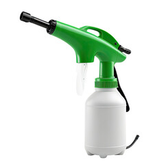 Electric garden sprayer spraying, white background, pesticide application