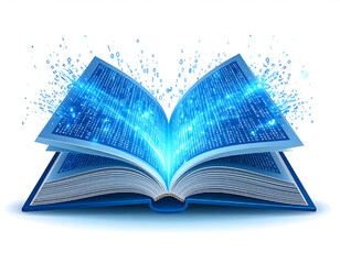 Open blue book, glowing with digital data, against a white background.