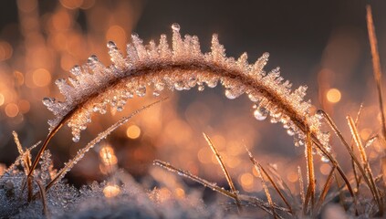 Frozen grass blade at dawn