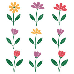 Nine simple stylized flowers in various colors on black