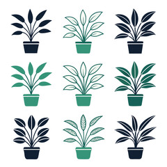 Nine potted houseplant icons in different colors and styles