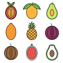 Nine stylized fruit icons including avocado, pineapple, and watermelon