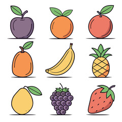 Assortment of Hand- Drawn Fruits on a Dark Background