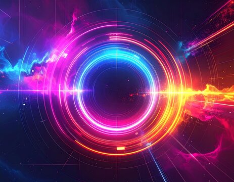 Abstract vibrant circular design with glowing lines and energy