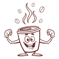 Cartoon Coffee Cup Character Flexing Muscles on Black