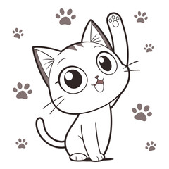 Cute Black Kitten Waving Paw Surrounded by Paw Prints