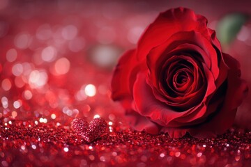 Romantic Still Life Featuring a Red Rose and a Sparkling Heart on Glittery Background