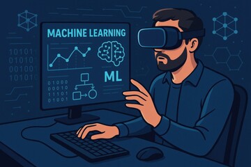 Man using virtual reality headset to explore machine learning concepts in a digital environment