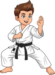 Cute cartoon boy in karate uniform, white gi, black belt, martial arts pose, smiling character, vector illustration for kids, sports, and education