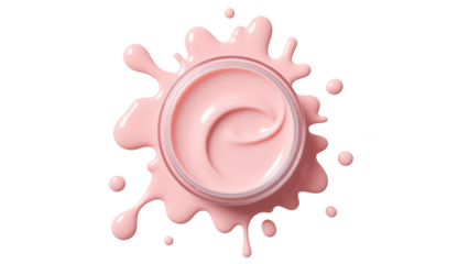 Creamy pink moisturizer in clear jar surrounded by splashes of pink product, showcasing smooth texture and vibrant color