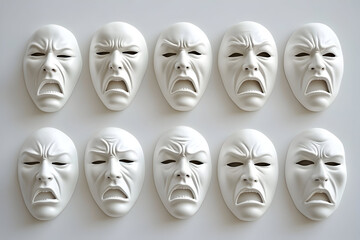 Collection of emotion masks displaying angry and sad expressions for theater and art studies
