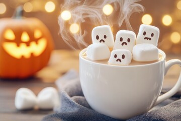 Halloween hot cocoa with floating marshmallow ghosts and autumn leaves