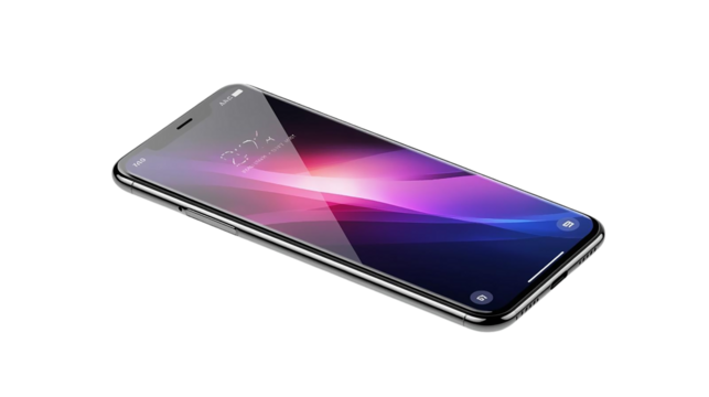 Sleek silver smartphone displays vibrant abstract graphic on transparent background. Ideal for mobile app product shots, tech branding, or digital posters.