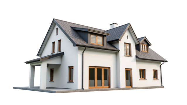 Modern house design with sleek exterior, featuring large windows and welcoming entrance. structure showcases blend of style and functionality