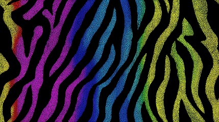 A neon zebra stripe pattern with rainbow gradients on a black background creates an abstract seamless design. A vibrant, modern backdrop for fabric, fashion, wallpaper, and posters.