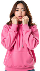 Young woman wearing pink hoodie poses with her hands near her face, conveying sense of comfort and style