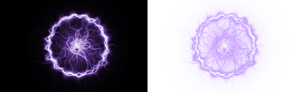 Electric purple energy circle overlay illustration with intricate lightning patterns on contrasting black and white backgrounds for creative design applications