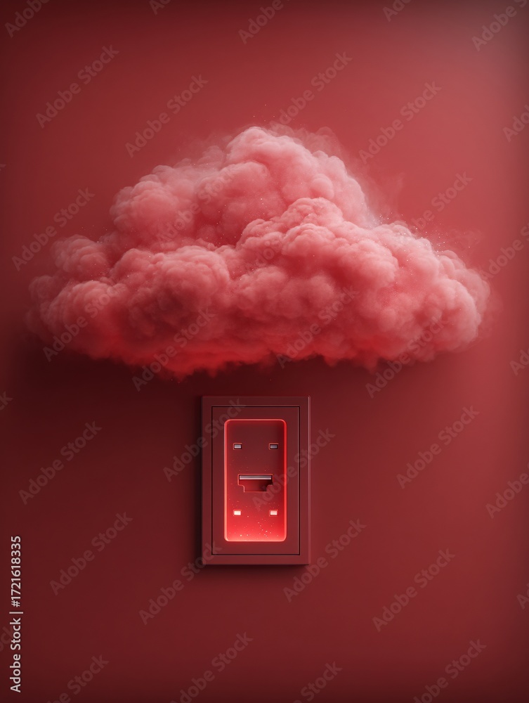 Wall mural background with a floating cloudstone and LAN cable interface socket glowing softly, centered in minimalist layout red background LAN cable socket glow cloudstone floating stone digital plug 
